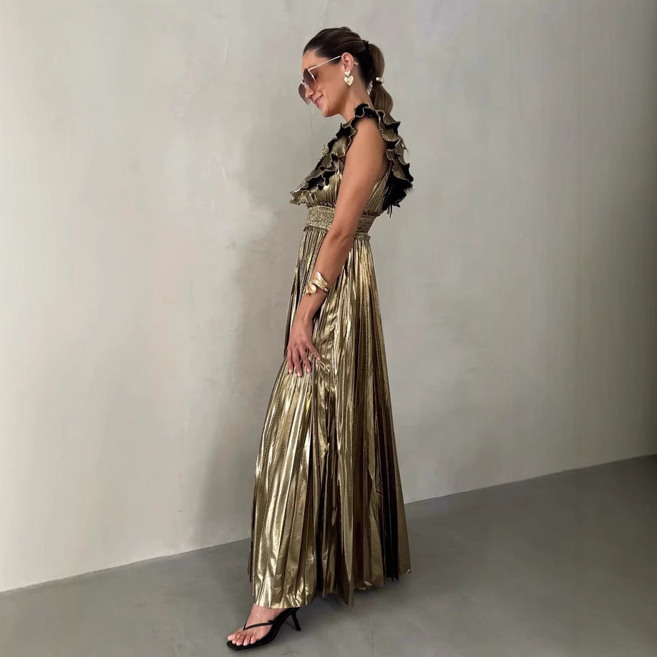 Women’s Evening Dress – Satin Finish – A-Line Fit – Ruffle V-Neck – Pleated Maxi