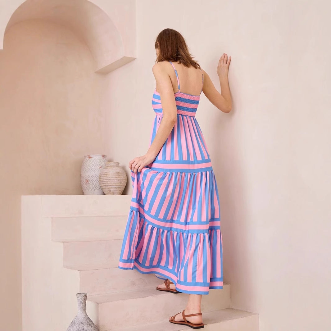 Women’s Sundress – Lightweight Cotton – A-Line Fit – Tiered Striped Maxi Dress