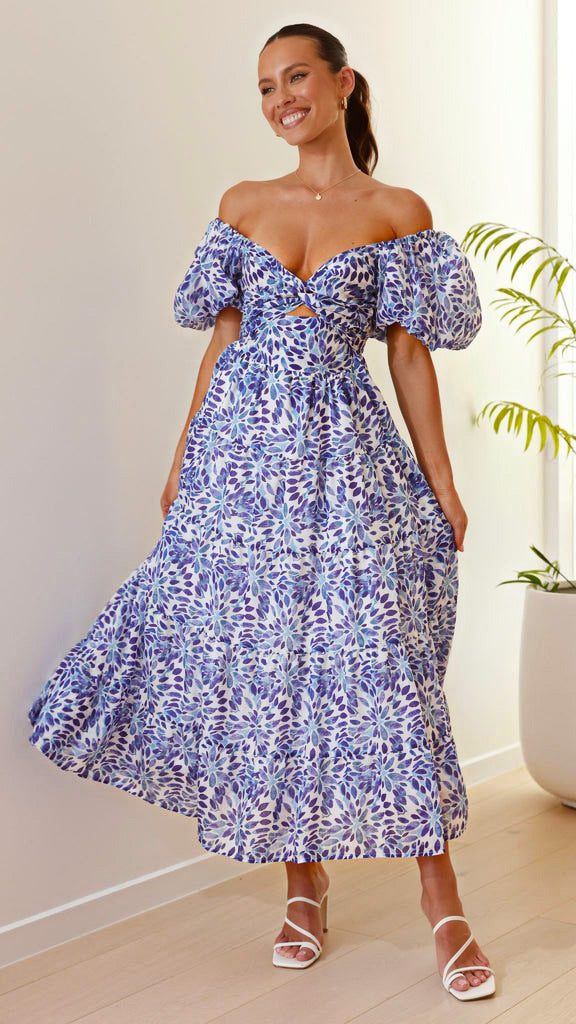 Women’s Maxi Dress – Fit and Flare – Puff Sleeve – Cut-Out Bodice – Tiered Skirt – Printed