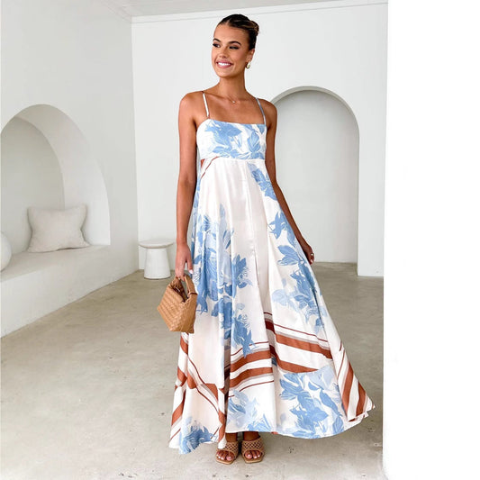 Women’s Maxi Dress – A-Line Fit – Smocked Bodice – Backless – Floral Geometric Pattern
