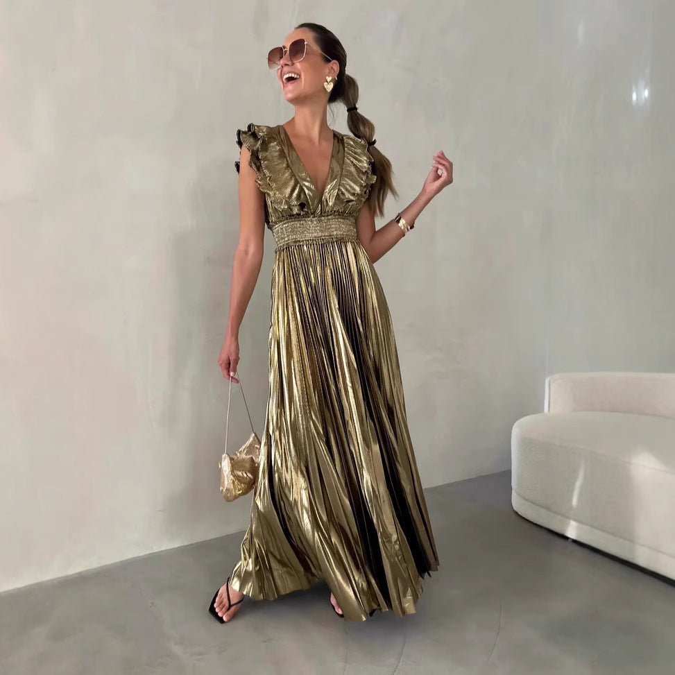 Women’s Evening Dress – Satin Finish – A-Line Fit – Ruffle V-Neck – Pleated Maxi