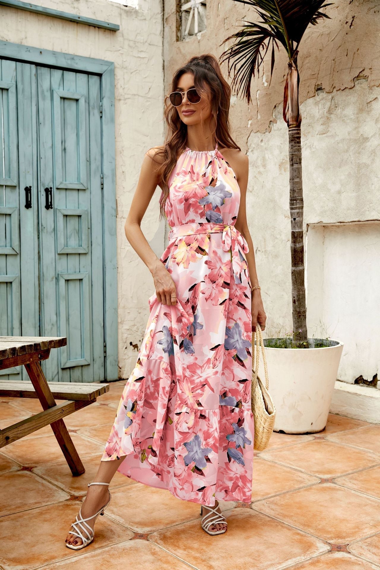 Women’s Maxi Dress – Lightweight Cotton Blend – Halter Neck – Tiered Skirt – Adjustable Waist
