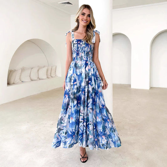 Women’s Maxi Dress – Shirred Bodice – Adjustable Tie Straps – Tiered A-Line Skirt – Floral Print