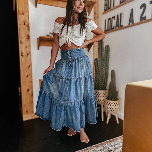 Women’s Denim Skirt – A-Line Fit – Tiered Midi Length – Button Front – Boho Style