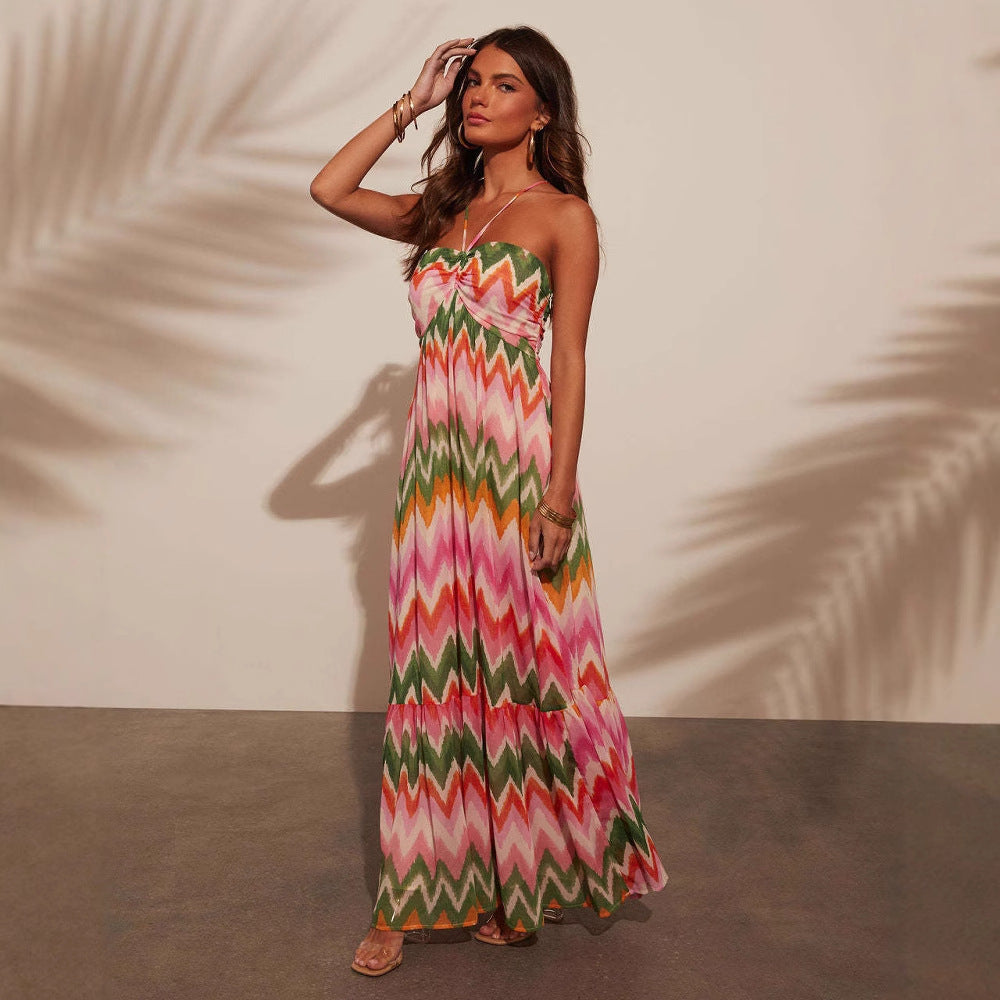 Women’s Maxi Dress – Halter Neck – Tiered Skirt – Zigzag Print – Flowy Fit