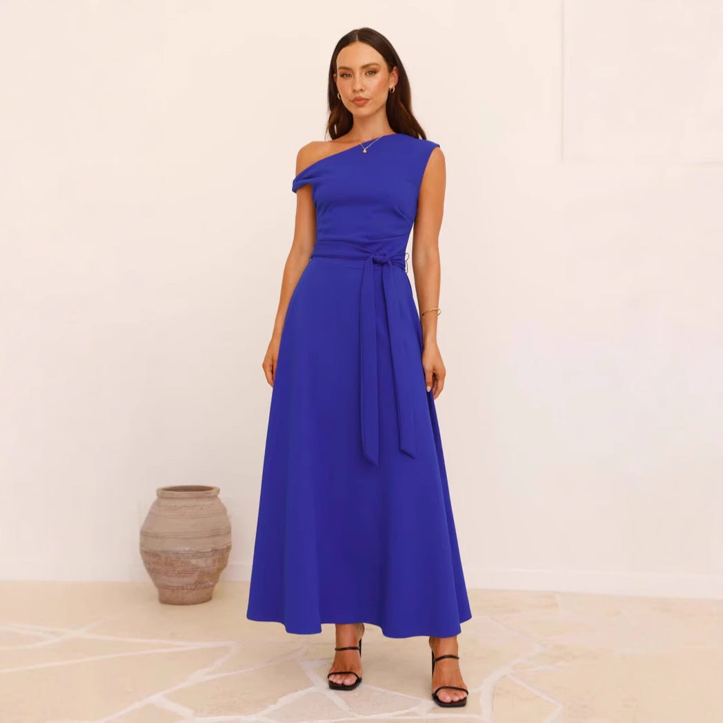 Women’s Maxi Dress – One-Shoulder Neckline – Waist Tie – Flowing Elegant Fit