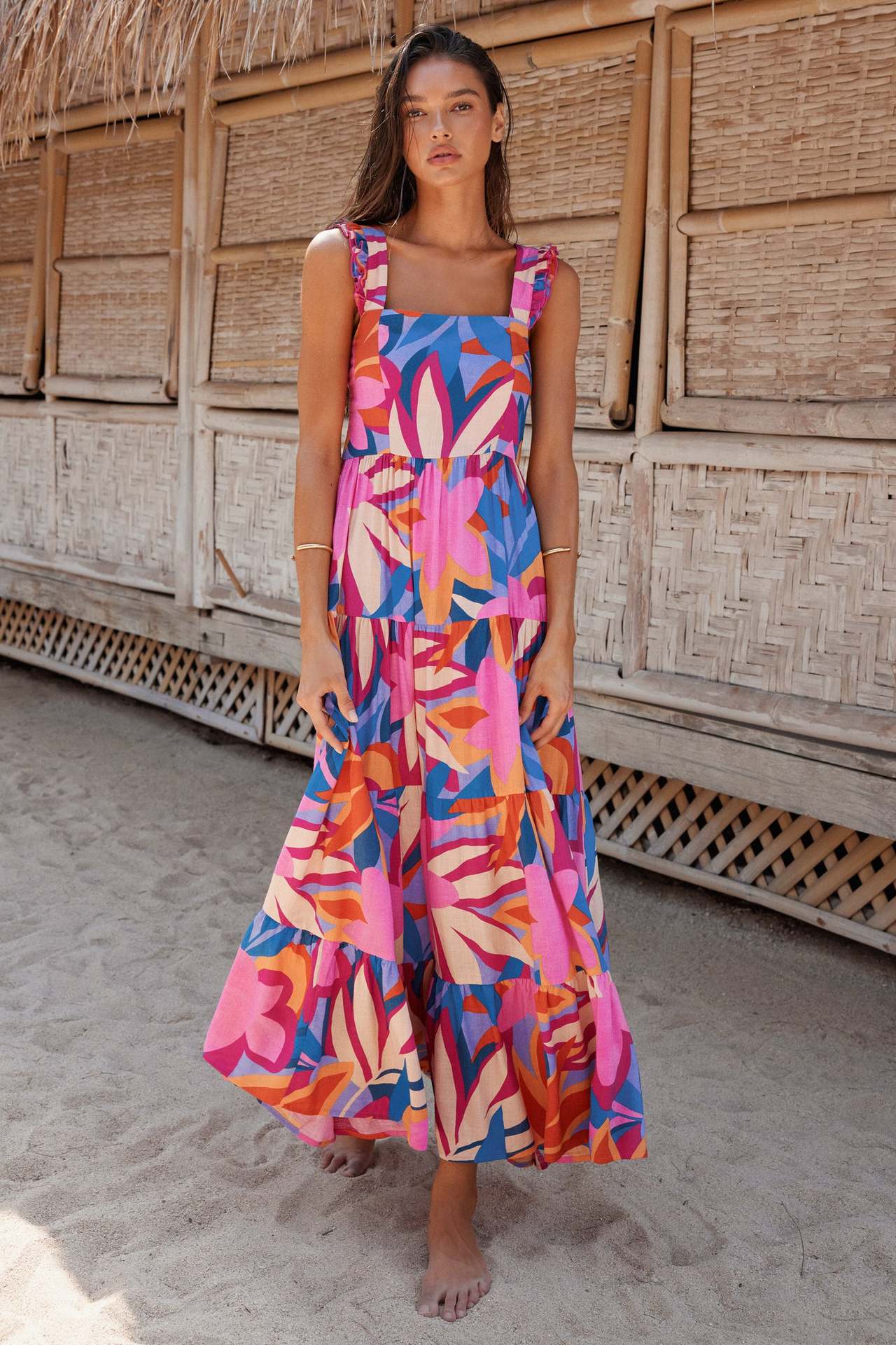 Women’s Maxi Dress – Breathable Cotton – Sleeveless – Tiered Skirt – Square Neckline