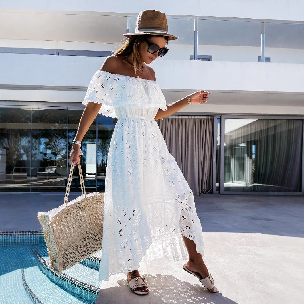 Women’s Maxi Dress – Off-Shoulder – Lace Detail – Cinched Waist – Flowy Cotton Blend