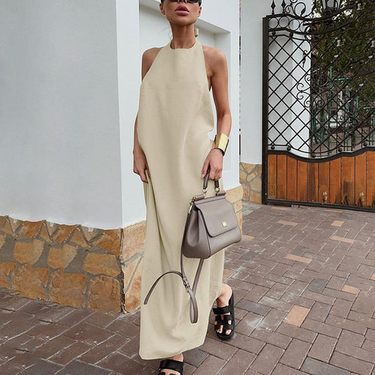 Women’s Halter Maxi Dress – Cotton Linen Blend – Loose Fit – Flowy Minimalist Design