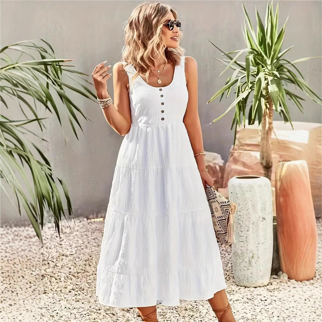 Women’s Maxi Dress – Sleeveless A-Line – Tiered Skirt – U-Neck – Lightweight Cotton