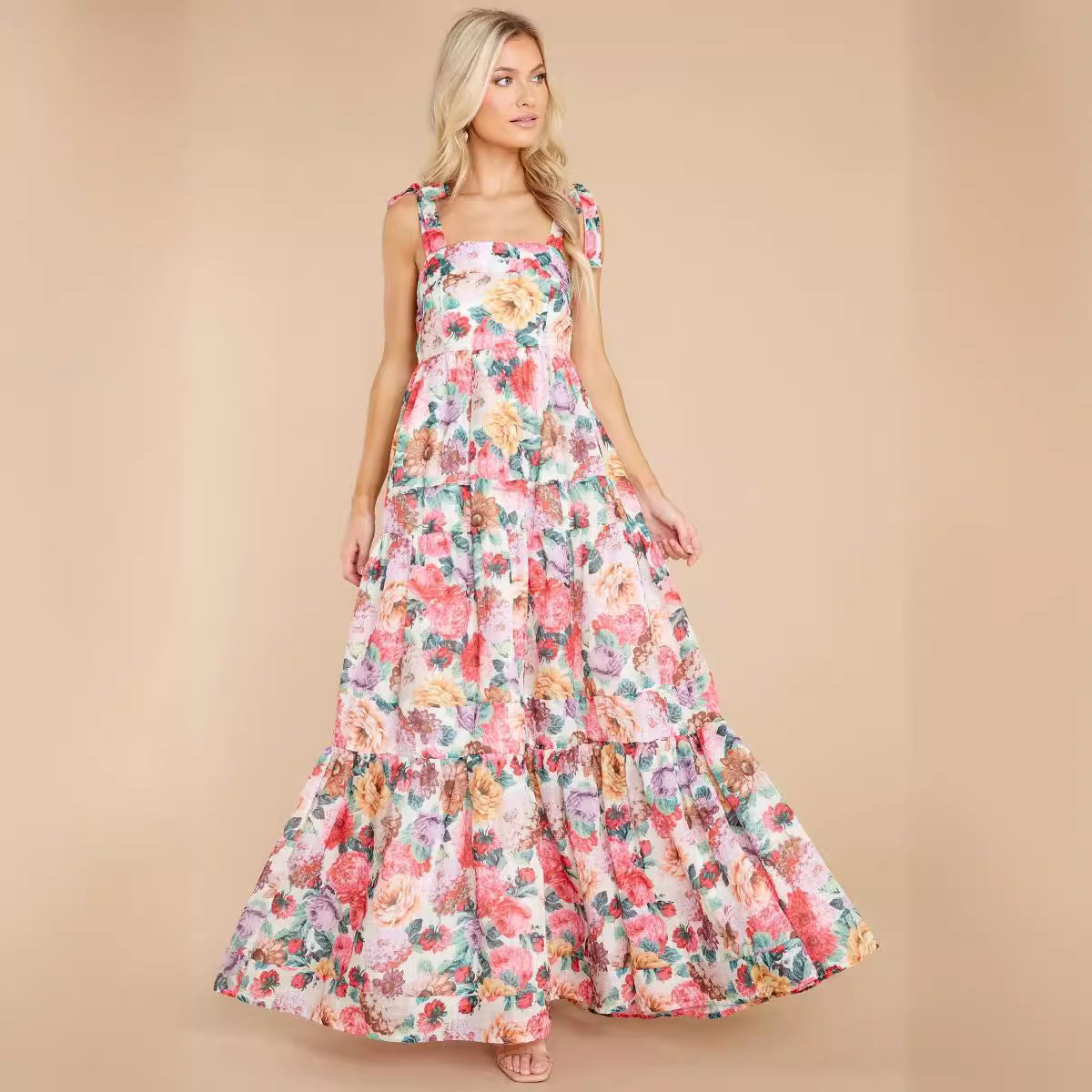 Women’s Maxi Dress – One Shoulder – Floral Print – Tiered Skirt – Cotton Blend