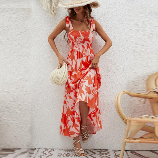 Women’s Maxi Dress – Smocked Bodice – Tie Straps – Tiered Skirt – Cotton Feel
