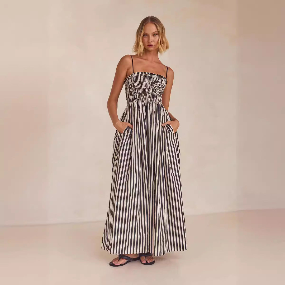 Women’s Maxi Dress – Lightweight Cotton Blend – Ruched Bodice – Flared Skirt – Pockets