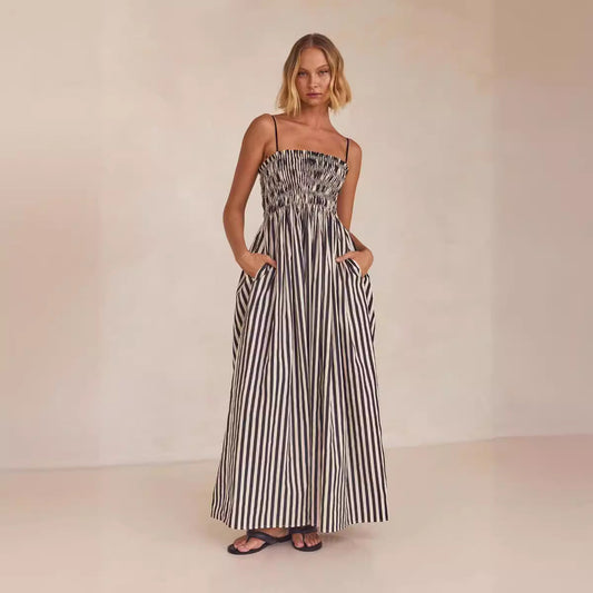 Women’s Maxi Dress – Lightweight Cotton Blend – Ruched Bodice – Flared Skirt – Pockets
