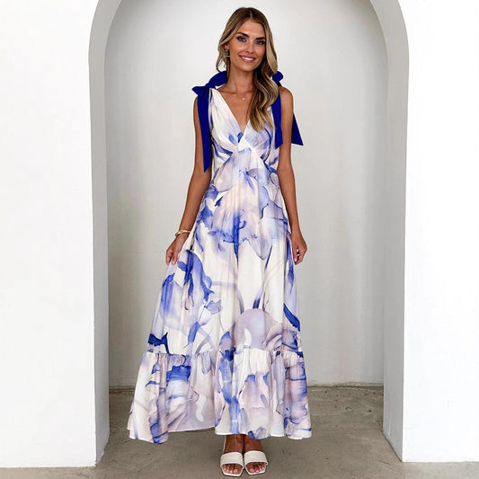 Women’s Maxi Dress – Sleeveless V-Neck – Tie Shoulder – Flowing Fit – Printed Design