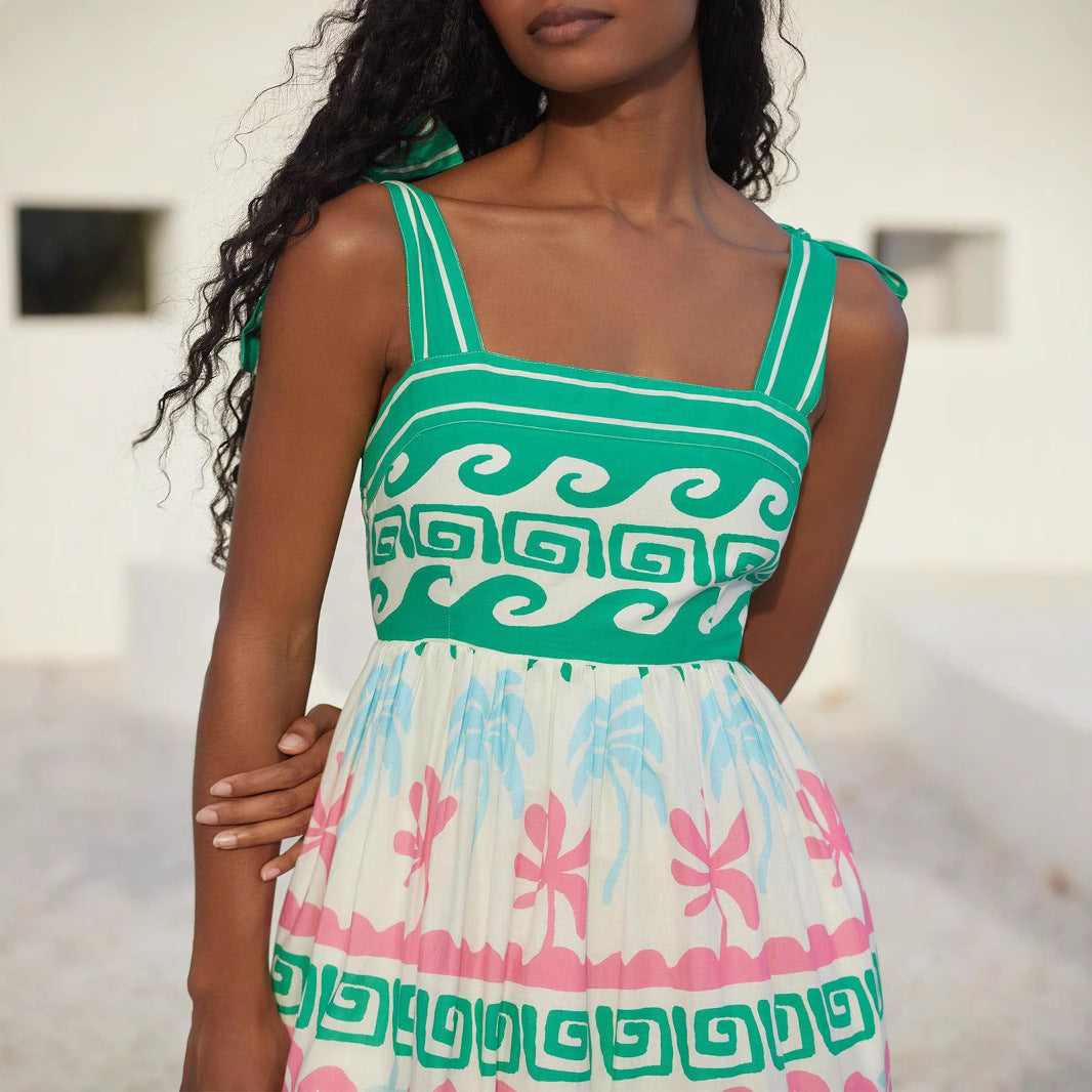 Women’s Maxi Dress – Cotton Blend – A-Line Fit – Tiered Skirt – Square Neck – Pockets