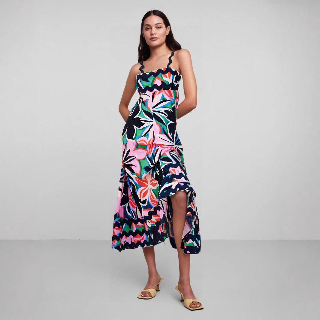 Women’s Long Dress – Strappy A-Line Fit – Floral Print – Wavy Trim – Lightweight Fabric