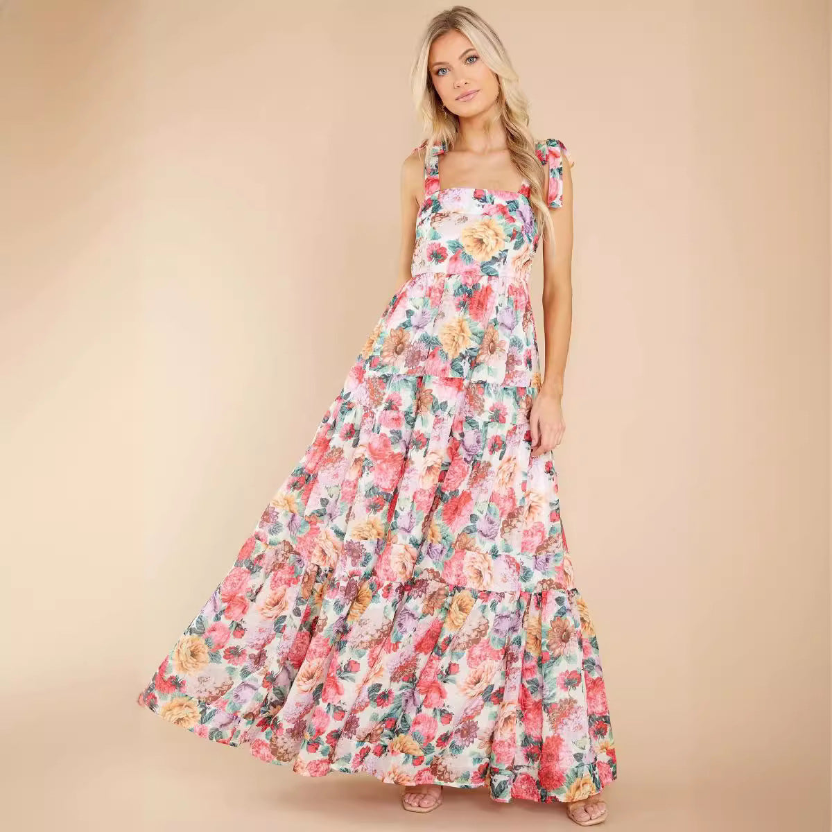 Women’s Maxi Dress – One Shoulder – Floral Print – Tiered Skirt – Cotton Blend