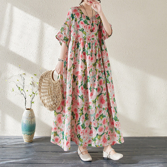 Women’s Maxi Dress – Floral Print – Loose Fit – Lightweight Cotton – 3/4 Sleeve