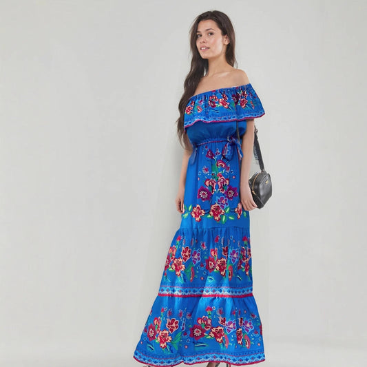 Women’s Maxi Dress – Off-Shoulder – Floral Print – Ruffled Bodice – Tiered Skirt – Relaxed Fit