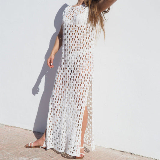 Women’s Maxi Dress – Crochet Knit – Sleeveless Sheer Cover-Up – Side Slit Relaxed Fit