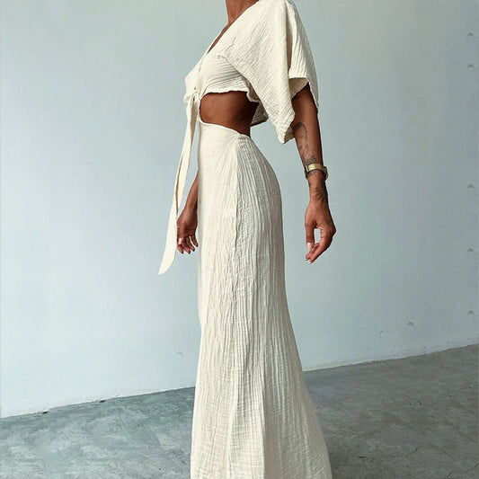 Women’s Maxi Dress – Slim Fit – V-Neck – Waist Cut-Out – Open Back – Draped Sleeves