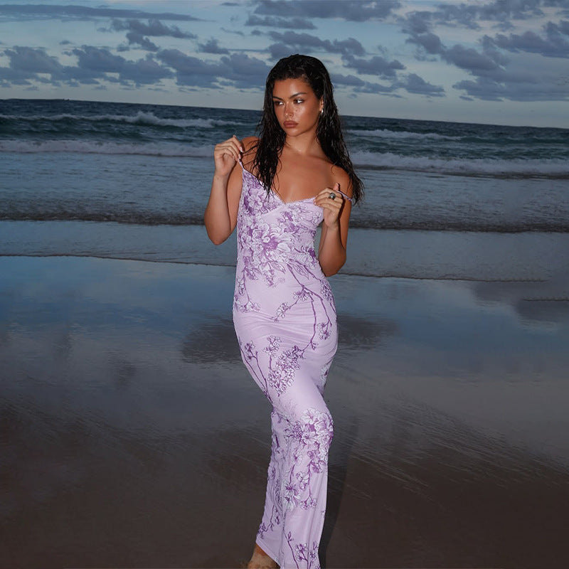 Women’s Maxi Dress – Satin Blend – Slim Fit – V-Neck Spaghetti Straps Floral Print