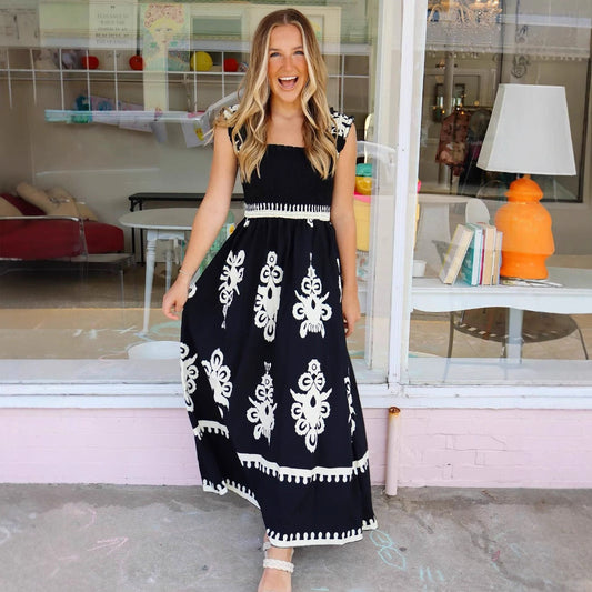 Women’s Maxi Dress – Bohemian Print – Smocked Bodice – Lightweight Cotton – Strappy Fit