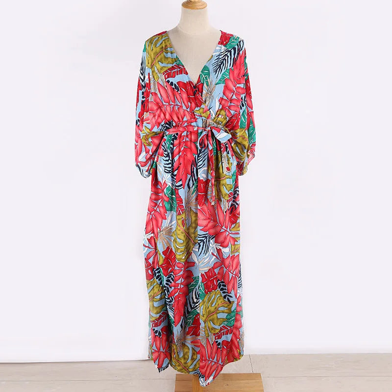 Women's Maxi Dress - Wrap V-Neck - 3/4 Sleeve - Floral Print - Flowing Elegant Fit