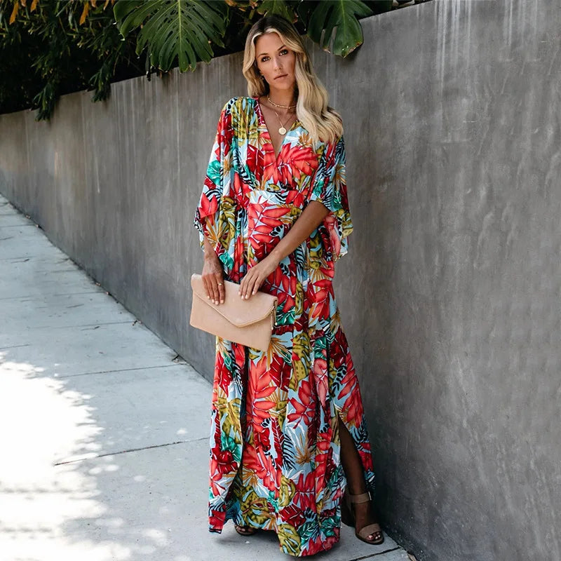Women's Maxi Dress - Wrap V-Neck - 3/4 Sleeve - Floral Print - Flowing Elegant Fit
