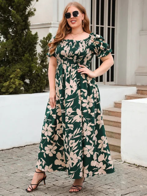 Women's Maxi Dress - Square Neck - Puff Sleeve - Smocked Bodice - Floral Print