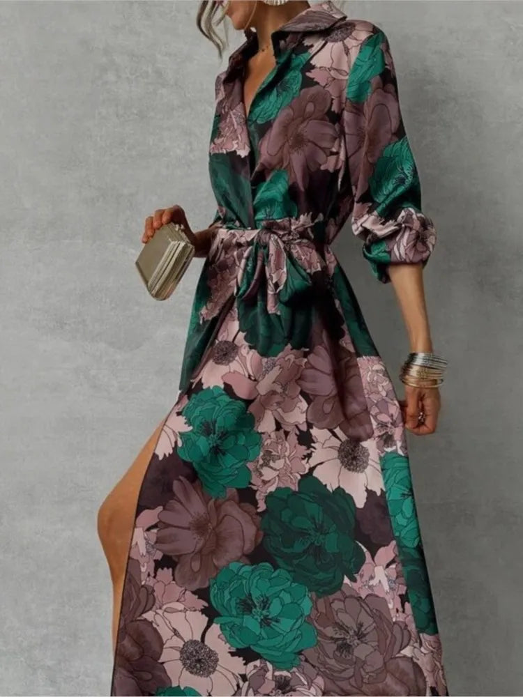 Women's Maxi Shirt Dress - Floral Print - Long Sleeve - Button-Down with Tie Waist