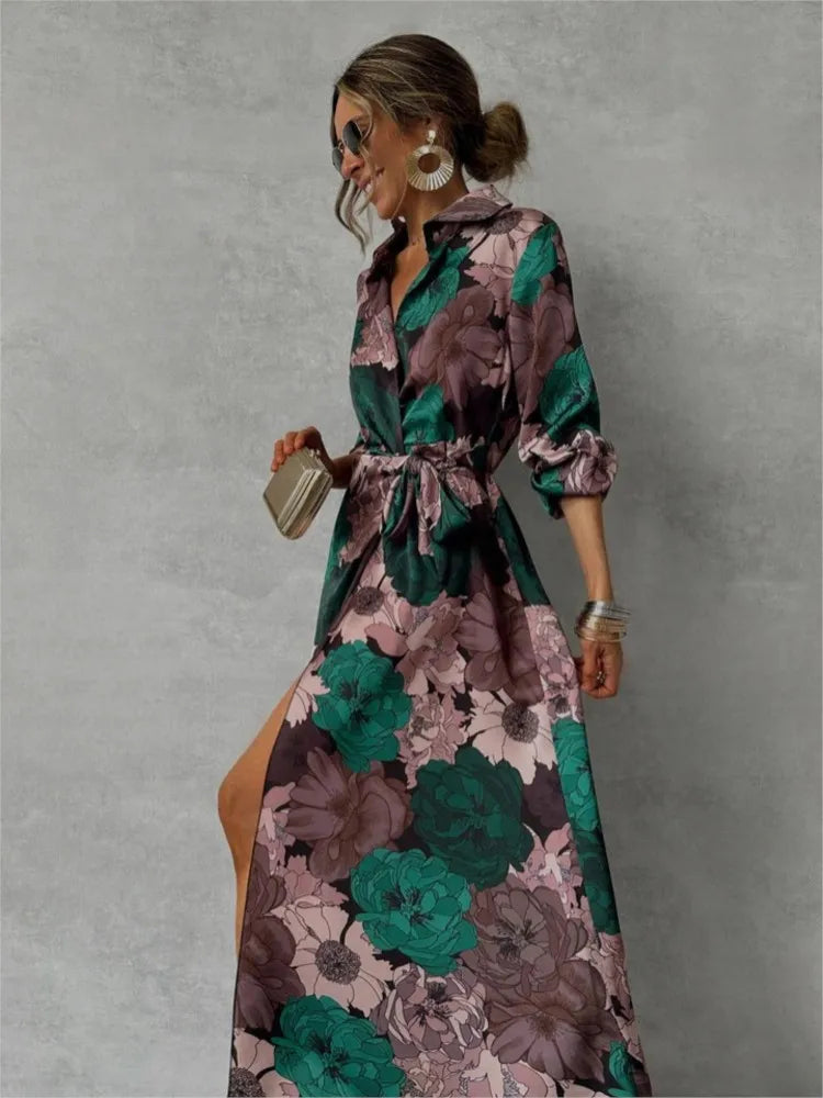 Women's Maxi Shirt Dress - Floral Print - Long Sleeve - Button-Down with Tie Waist