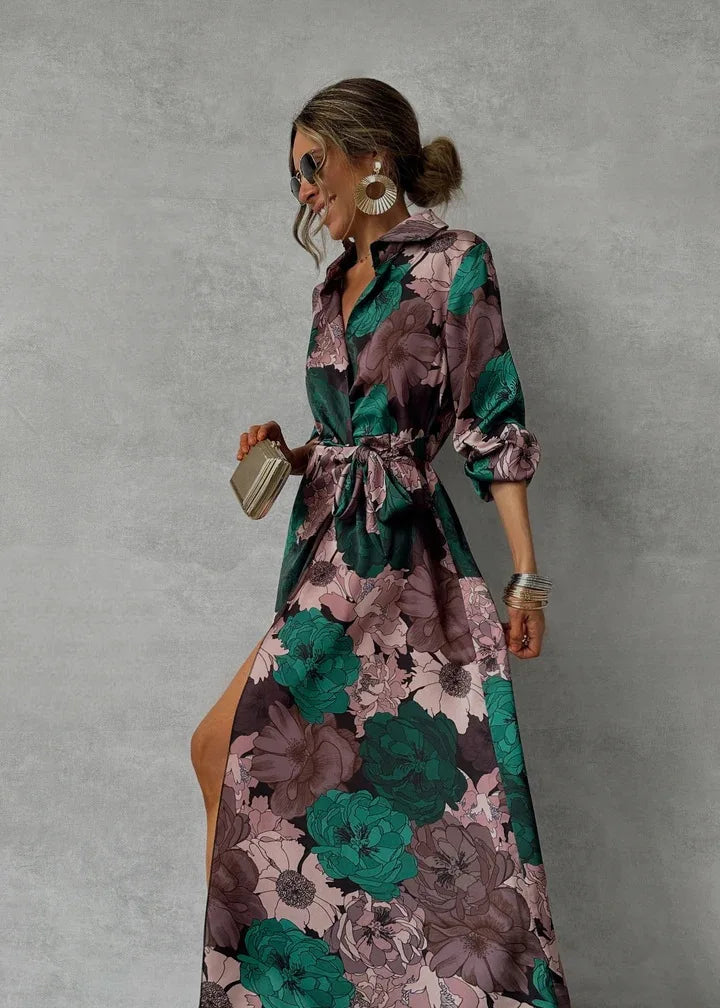 Women's Maxi Shirt Dress - Floral Print - Long Sleeve - Button-Down with Tie Waist