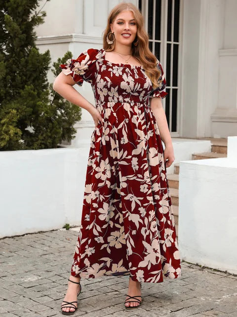 Women's Maxi Dress - Square Neck - Puff Sleeve - Smocked Bodice - Floral Print