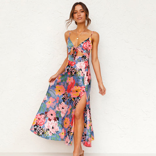 Women's Maxi Dress - Floral Print - Spaghetti Straps - Tie Front Cut-Out - High Slit