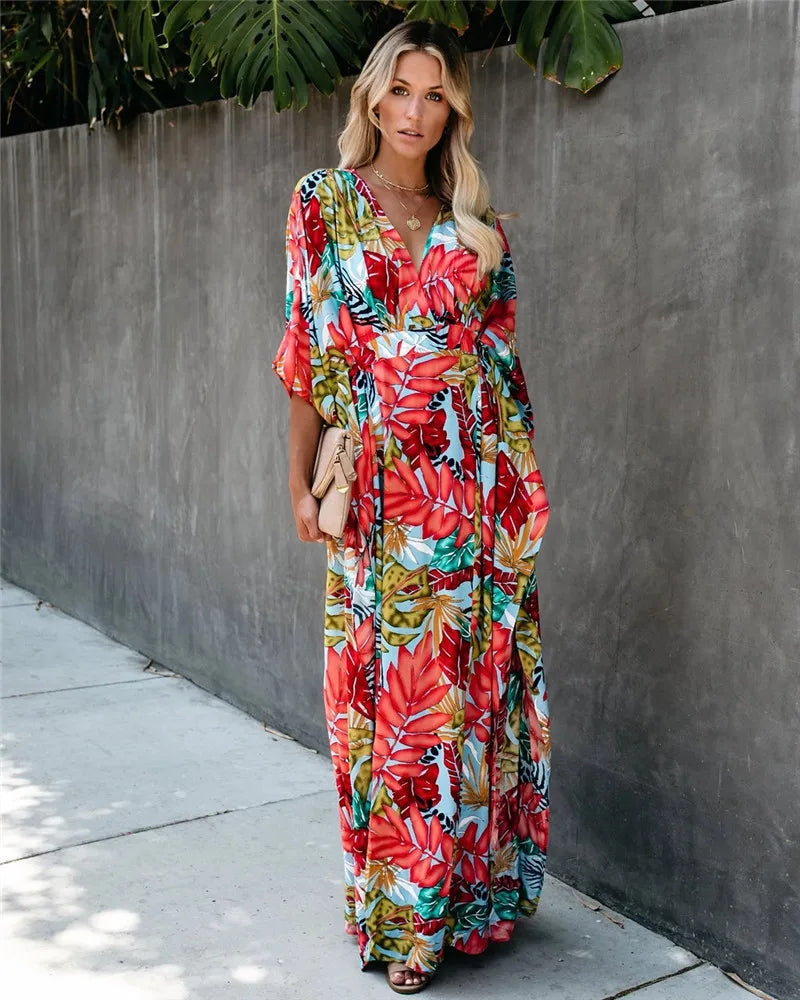 Women's Maxi Dress - Wrap V-Neck - 3/4 Sleeve - Floral Print - Flowing Elegant Fit