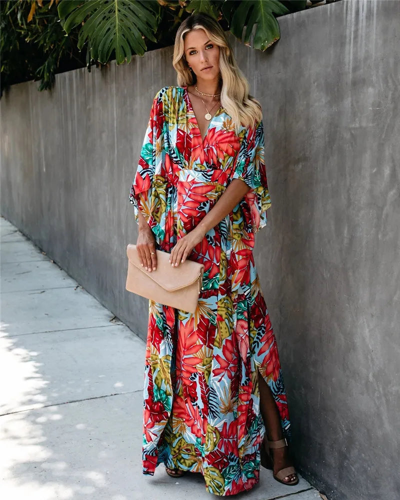 Women's Maxi Dress - Wrap V-Neck - 3/4 Sleeve - Floral Print - Flowing Elegant Fit
