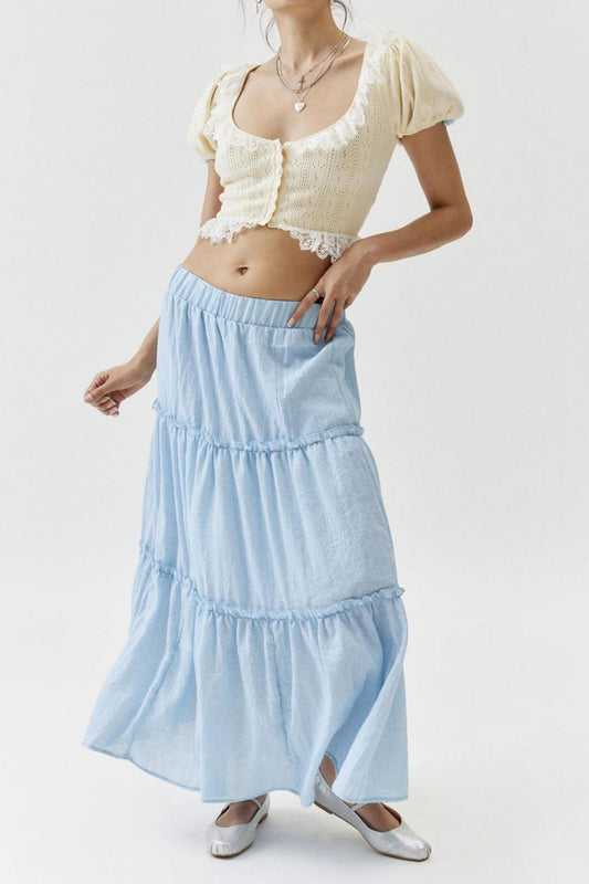 Women's Maxi Skirt - Tiered Flowy Design - Lightweight Cotton Linen - Elastic Waist