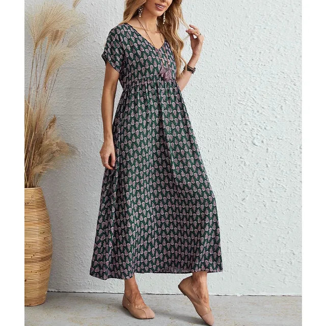 Women's Maxi Dress - V-Neck - Short Sleeve - Empire Waist - Flowing A-Line Skirt