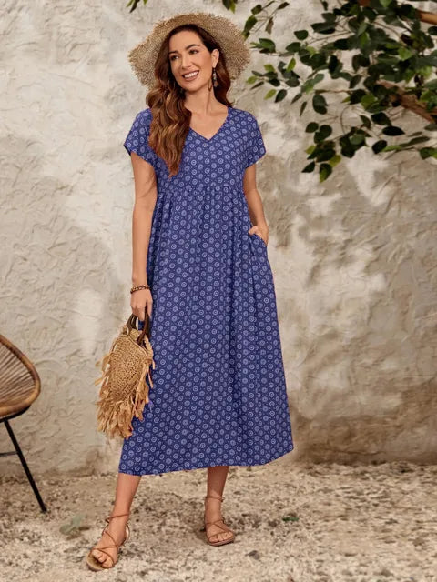 Women's Maxi Dress - V-Neck - Short Sleeve - Empire Waist - Flowing A-Line Skirt