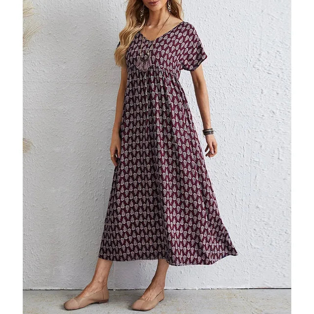 Women's Maxi Dress - V-Neck - Short Sleeve - Empire Waist - Flowing A-Line Skirt