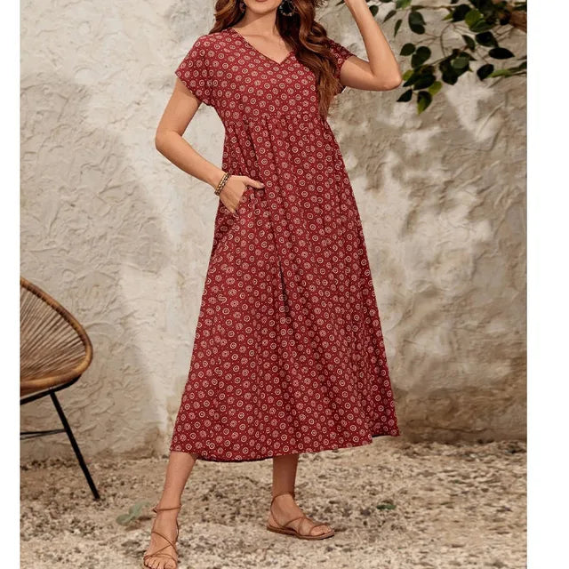 Women's Maxi Dress - V-Neck - Short Sleeve - Empire Waist - Flowing A-Line Skirt