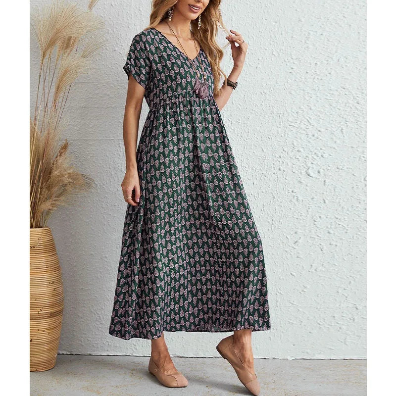 Women's Maxi Dress - V-Neck - Short Sleeve - Empire Waist - Flowing A-Line Skirt