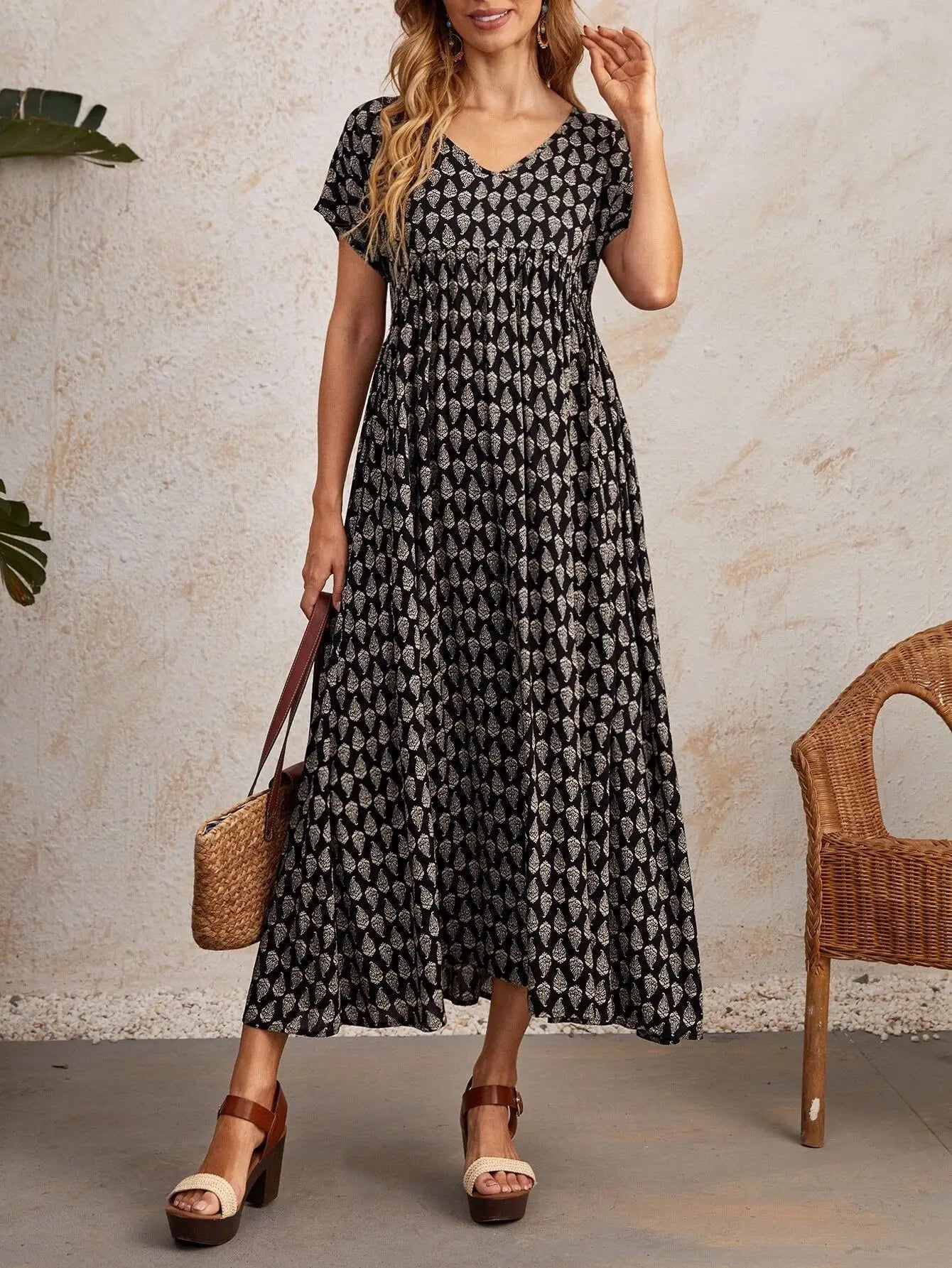 Women's Maxi Dress - V-Neck - Short Sleeve - Empire Waist - Flowing A-Line Skirt
