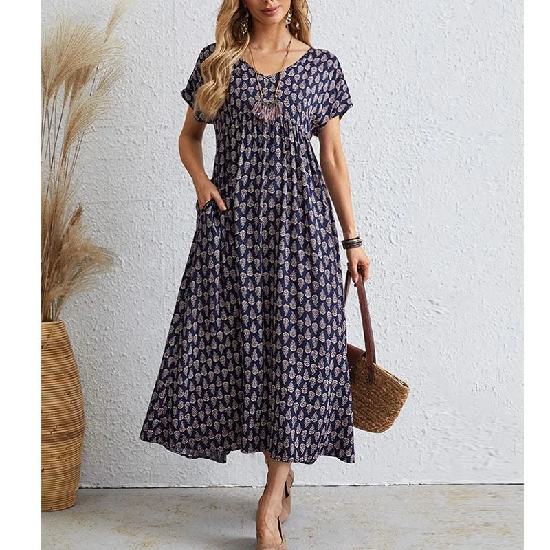 Women's Maxi Dress - V-Neck - Short Sleeve - Empire Waist - Flowing A-Line Skirt