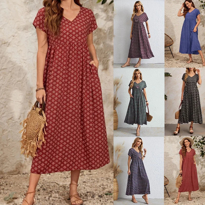 Women's Maxi Dress - V-Neck - Short Sleeve - Empire Waist - Flowing A-Line Skirt