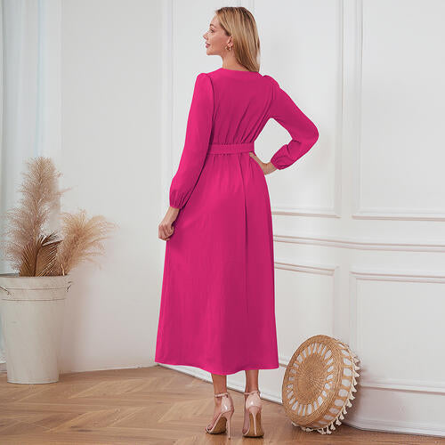 Women's Maxi Dress - V-Neck Button Down - Long Sleeve Tie Waist Flowy Fit