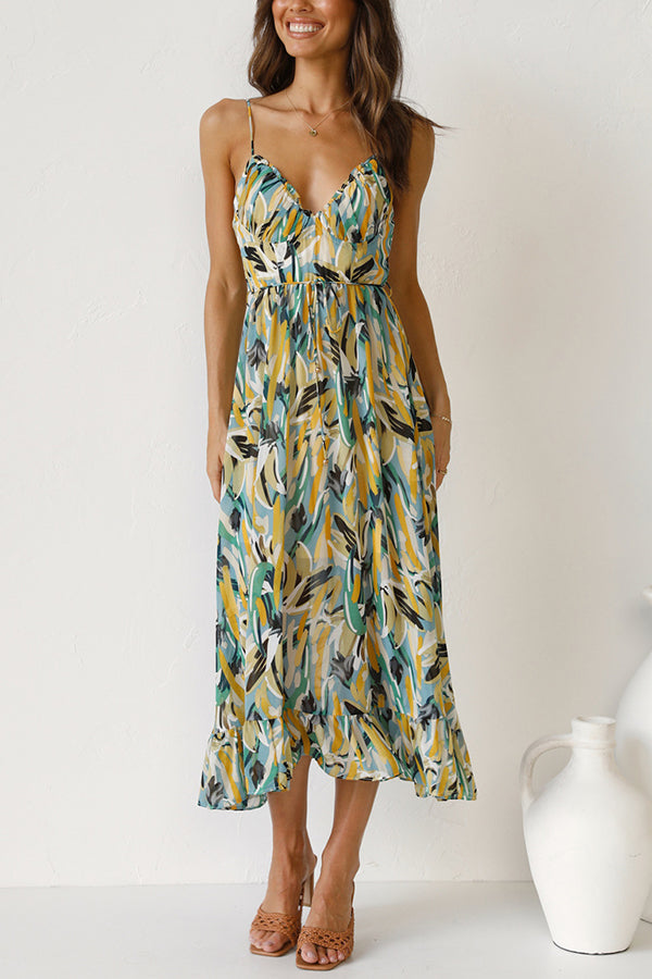 Women's Maxi Dress - Flowing Fit - Spaghetti Straps - Empire Waist - V-Neck Elegant Style