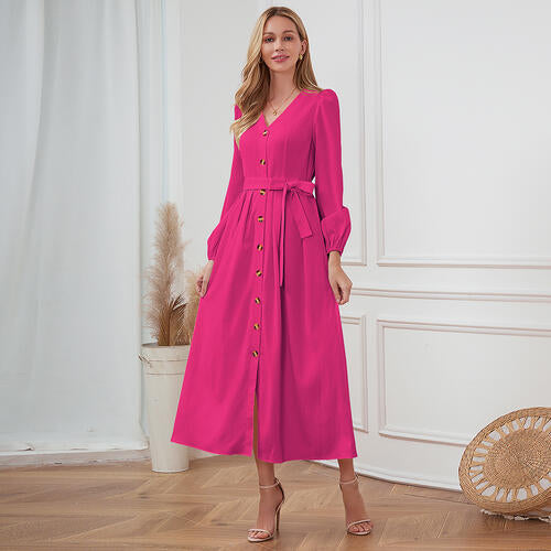Women's Maxi Dress - V-Neck Button Down - Long Sleeve Tie Waist Flowy Fit